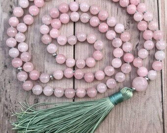 Rose Quartz mala • Mala beads 108 • Rose Quartz 108 beads Mala, hand knotted Necklace, Vegan Tassel Mala • Meditation jewelry, Zen Gift Yoga