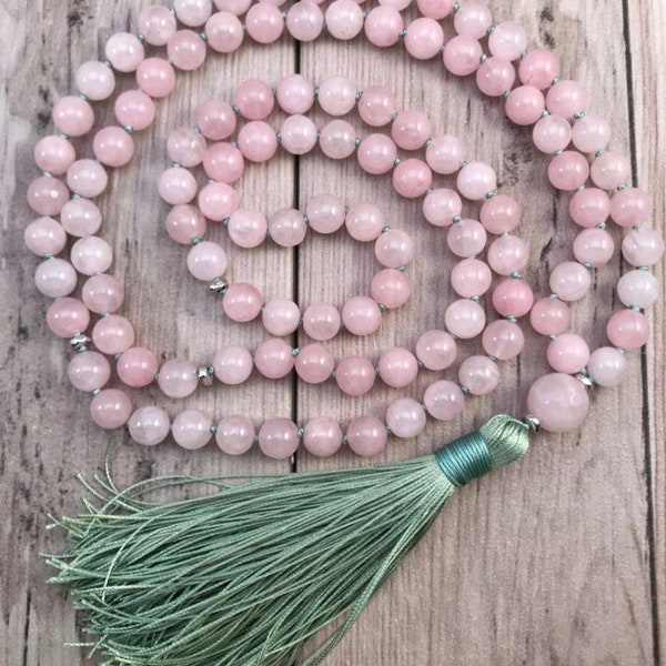 Rose Quartz mala • Mala beads 108 • Rose Quartz 108 beads Mala, hand knotted Necklace, Vegan Tassel Mala • Meditation jewelry, Zen Gift Yoga