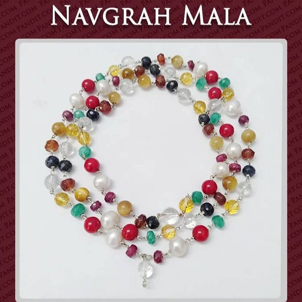 Navratan Energy Mala 925 Silver Necklace, Nine Gems Mala Beads Necklace, Healing Stones, Pleasing Navratna Mala Semi Precious Stones