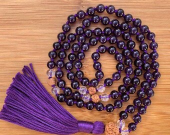 Amethyst, Clear Quartz and Rudraksha Beaded Necklace, 108 +1 Japamala, Third Eye, Intuition Japa Mala, Healing Dream Amethyst Mala, Crystal