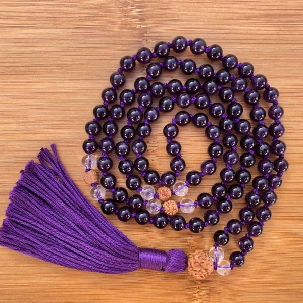 Amethyst, Clear Quartz and Rudraksha Beaded Necklace, 108 +1 Japamala, Third Eye, Intuition Japa Mala, Healing Dream Amethyst Mala, Crystal