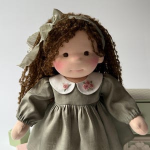 Handmade Waldorf Doll: 15&quot; Linen Dress, Mohair Hair