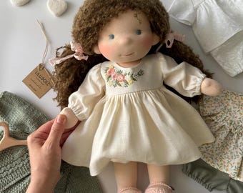 Handmade 15” Waldorf Doll, Sheep's Wool Stuffed Textile Doll with Clothes, Gift for Birthday, Christmas present, Made to order