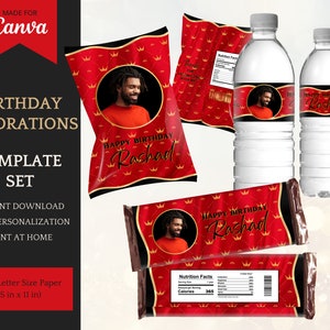 Red, Black and Gold Birthday Decorations for him/her, Chip Bag Template, Water Bottle Labels & Candy Wrappers - Instant Download for Canva