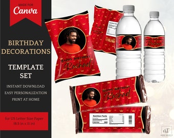 Red, Black and Gold Birthday Decorations for him/her, Chip Bag Template, Water Bottle Labels & Candy Wrappers - Instant Download for Canva