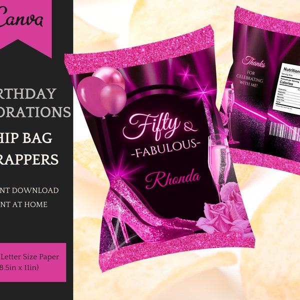 Birthday Chip Bag Template, hot pink Glitter Heel, elegant customizable Party decorations for her, Girls Favors - INSTANT DOWNLOAD for CANVA