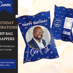 Royal Blue Birthday Chip Bag Template, customizable Party decorations, Party Favors, Edit in Canva - Instant Download Printable