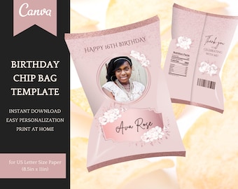 Birthday Decorations for her: Rose Gold Chip Bag Template, easy personalisation/editable in Canva, Instant Download Printable Party Favors
