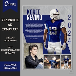 Senior Yearbook Ad Template - Sport / Athleten Thema - Football, Fußball usw. - Platz für Widmung und Bilder - In Canva Personalisieren