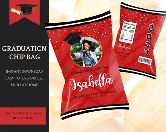 Chip Bag Template - editable, Graduation Party, Class of 2025 in red - Instant Download Printable, easy Personalization in Canva