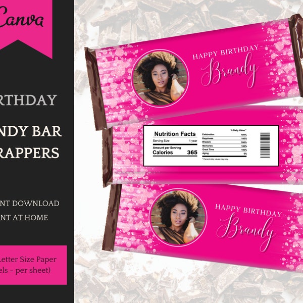 Hot Pink Candy Bar Template, Birthday Decorations for her, editable Instant Download Printable Party Favors, Personalization in Canva