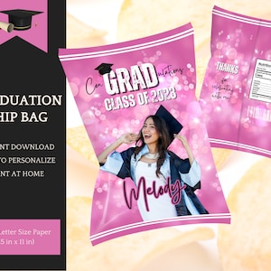 Pink Glitter Chip Bag Template for Girls, Graduation Party Decorations, Class of 2025, Instant Download Printable to edit in Canva