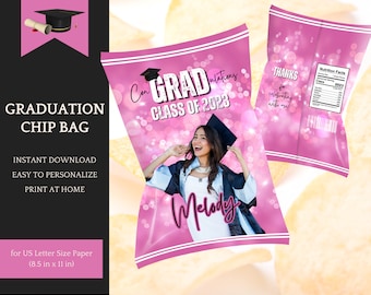 Pink Glitter Chip Bag Template for Girls, Graduation Party Decorations, Class of 2025, Instant Download Printable to edit in Canva