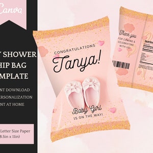 Chip Tüte Vorlage - editierbar, Baby Shower für Mädchen in blush pink & gold - sofortiger Download zum ausdrucken, einfache Personalisierung in Canva