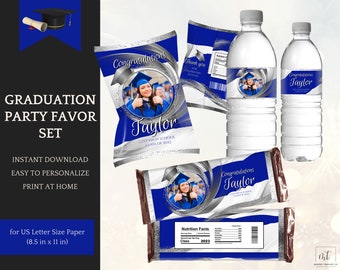 Royal Blue Graduation Decorations Bundle, Chip Bag Template, Candy & Water Labels, Class of 2026, Instant Download, Personalization in Canva