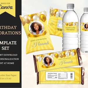 May include: Printable birthday party decorations template set featuring a yellow and gold color scheme with balloons, confetti, and a photo frame. The text "Happy 30th Birthday Hannah" is included on the template. The template is designed for US Letter size paper (8.5 inches by 11 inches).