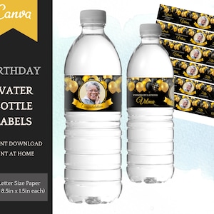 Waterfleslabelsjabloon - bewerkbaar verjaardagsthema, elegant met gouden details - Direct downloaden, afdrukbaar, eenvoudige personalisatie in Canva