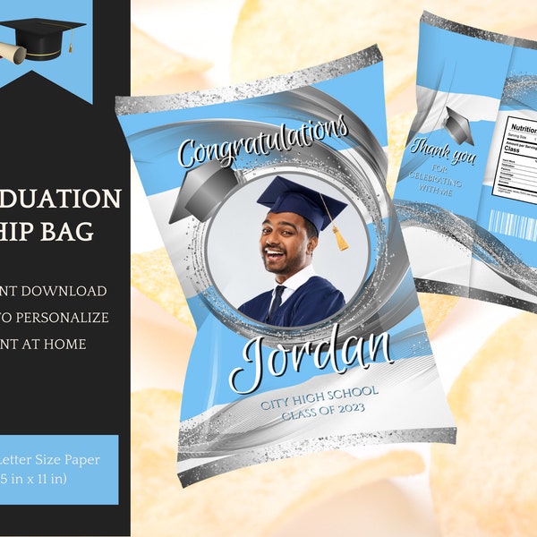 Light Blue Silver Graduation Chip Bag Template, Party Decorations, Class of 2024 - Instant Download Printable, personalize yourself in Canva