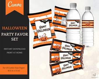 Halloween Party Decorations for Trick or Treat Celebration, Chip Bag, Water Bottle Labels, Candy Bar Wrapper, Instant Download Printables