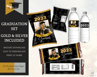 Graduation Decorations Gold or Silver, Chip Bag Template, Candy, Water, Class of 2025, Instant Download Printable, Personalization in Canva