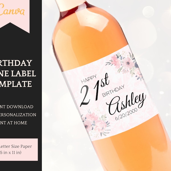 21st birthday wine label template, personalized decorations for her, adult birthday party, editable template for Canva, instant download