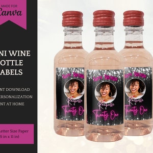 Mini Wine Bottle Labels in pink, personalized wine bottle stickers, birthday party favors, editable template for Canva, instant download