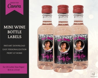 Mini Wine Bottle Labels in pink, personalized wine bottle stickers, birthday party favors, editable template for Canva, instant download