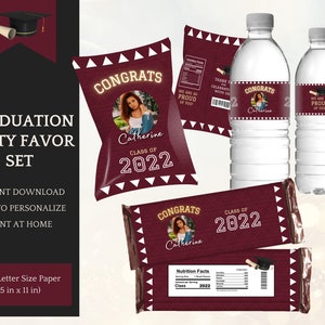 Burgundy Graduation Decorations, Chip Bag Template, Candy & Water , Class of 2024 - Instant Download Printable, Personalization in Canva