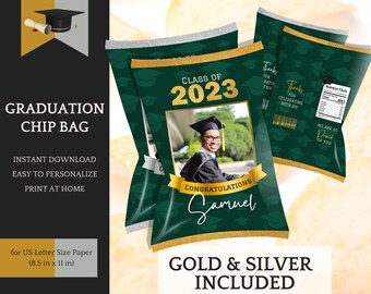 Chip Bag Template - editable, Graduation Party, Class of 2023, choose silver or gold - Instant Download Printable, Personalization in Canva