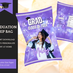 Purple Glitter Chip Bag Template for Girls & Boys, Graduation Party Decorations, Class of 2025, Instant Download Printable to edit in Canva