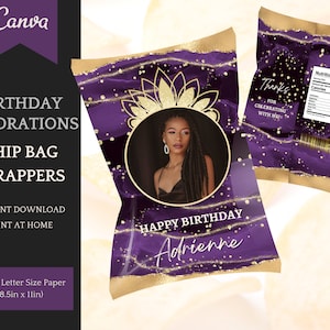 Chip Bag Template: Elegant Purple/Gold Birthday Decorations for her, Feminine Party Favors editable in Canva, Instant Download Printable