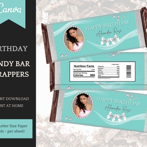 Candy Bar sjabloon licht blauwgroen, verjaardag / Sweet 16 decoraties voor haar, afdrukbare feestartikelen, bewerken in Canva - INSTANT DOWNLOAD