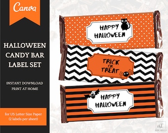 Juego de 3 envoltorios para barras de chocolate de Halloween: decoraciones de Halloween para barras de chocolate, etiquetas para barras de chocolate con mensaje "Truco o trato", descarga instantánea e imprimible
