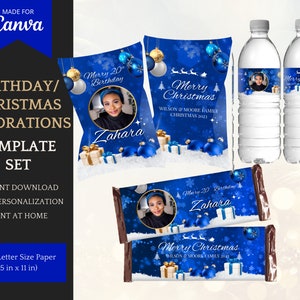 Könnte beinhalten: Ein Vorlagensatz für Geburtstags- und Weihnachtsdekorationen. Das Design zeigt ein blau-weißes Farbschema mit Bildern einer Person, Christbaumkugeln und Geschenkboxen. Der Text enthält "Merry Christmas" und "Merry 20th Birthday".