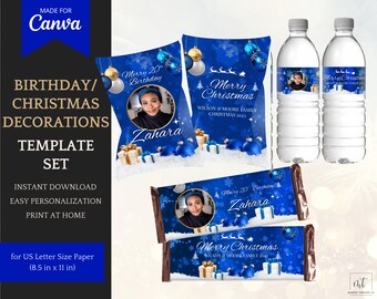 Royal Blue Winter Birthday or Christmas Decorations with Chip Bag Template, Water Bottle Labels & Candy Wrappers, Instant Download for Canva