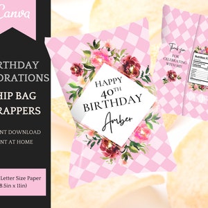 Birthday Chip Bag Template, Floral Decorations for her party, easy personalization/editable in Canva, Instant Download Party Favors