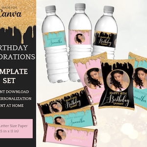 May include: Printable birthday party decorations featuring a gold glitter drip design with a black background. The set includes water bottle labels, candy bar wrappers, and favor bags. The labels and wrappers feature a photo placeholder and the text "Happy 18th Birthday Sammy".