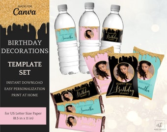 Gold Dripping Birthday Decorations for her/him - Printable Set with Chip Bag Template, Candy Bars and Water Bottle Labels - INSTANT DOWNLOAD