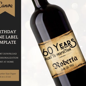 birthday wine label template, personalized decorations, adult birthday party, editable template for Canva, instant download