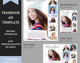 Senior Yearbook Ad Template - customizable theme for girls and boys with dedication - Full / Half and Quarter Page included - Use in Canva