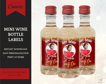 Mini Wine Bottle Labels, personalized wine bottle stickers for birthday party favors, editable template for Canva, instant download