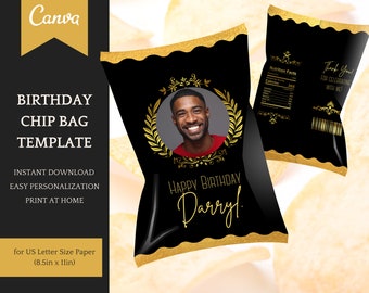 Birthday Chip Bag Template, elegant customizable Party decoration, easy personalisation in Canva - Instant Download Printable Party Favors