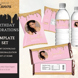 May include: Printable birthday party decorations featuring a pink and gold color scheme with a dripping gold glitter design. The decorations include a chip bag, candy bar wrapper, water bottle labels, and a nutrition facts label. The text "Samantha's Sweet 16" is featured on the decorations.