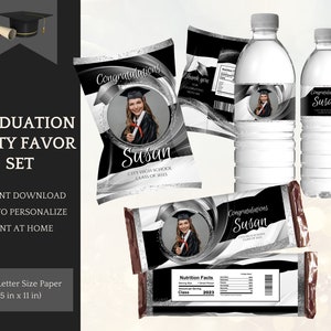Black/Silver Graduation Decorations for boys and girls, Chip Bag Template, Candy & Water Labels, Class of 2025, Instant Download for Canva