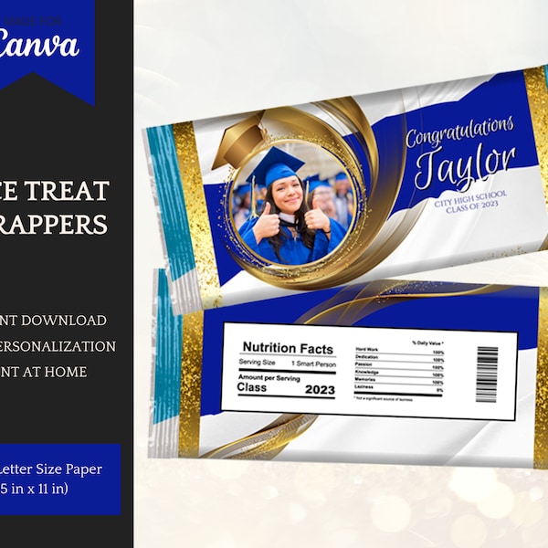 Graduation Rice Treats Template in Blue and Gold, Class of 2023 Graduation Party Decorations, Instant Download, edit in Canva