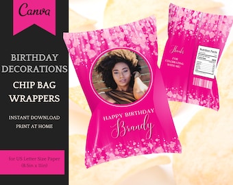 Decoraciones de cumpleaños para ella: Plantilla de bolsa con chip rosa intenso: fácil personalización/editable en Canva, descarga instantánea de regalos de fiesta imprimibles