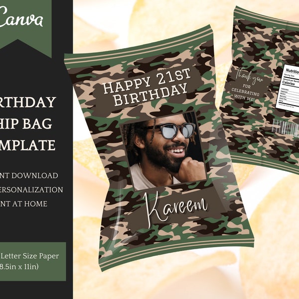 Chip Bag Template, Green Camouflage Birthday Decorations, easy personalisation/editable in Canva, Instant Download Printable Party Favors