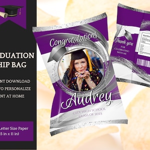 Purple & Silver Graduation Chip Bag Template, Party Decorations, Class of 2025 - Instant Download Printable, personalize yourself in Canva