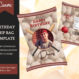 Baseball Chip Tasche Vorlage, personalisierbar Geburtstag Party Dekoration, einfache Personalisierung in Canva - Sofort Download druckbare Gastgeschenke