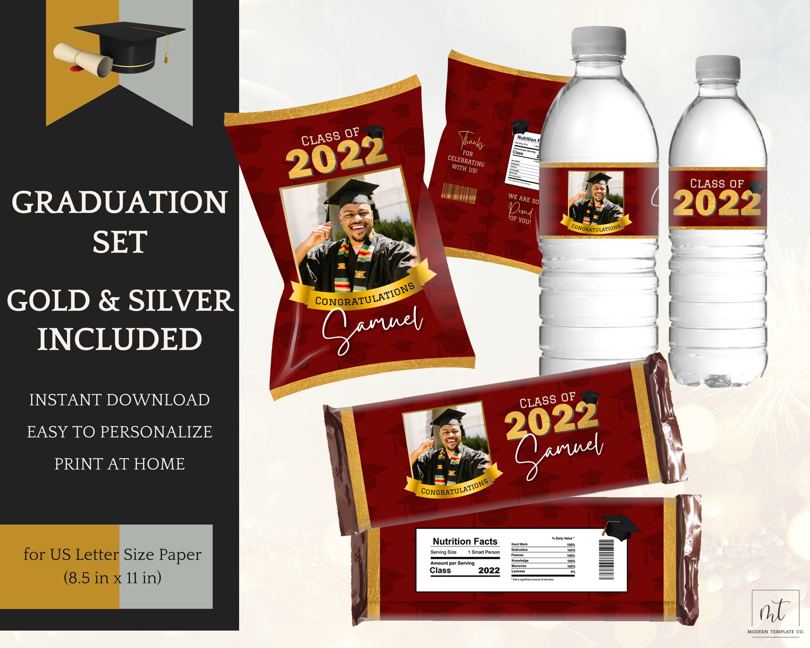 Red Gold/silver Graduation Decorations Chip Bag Template Etsy